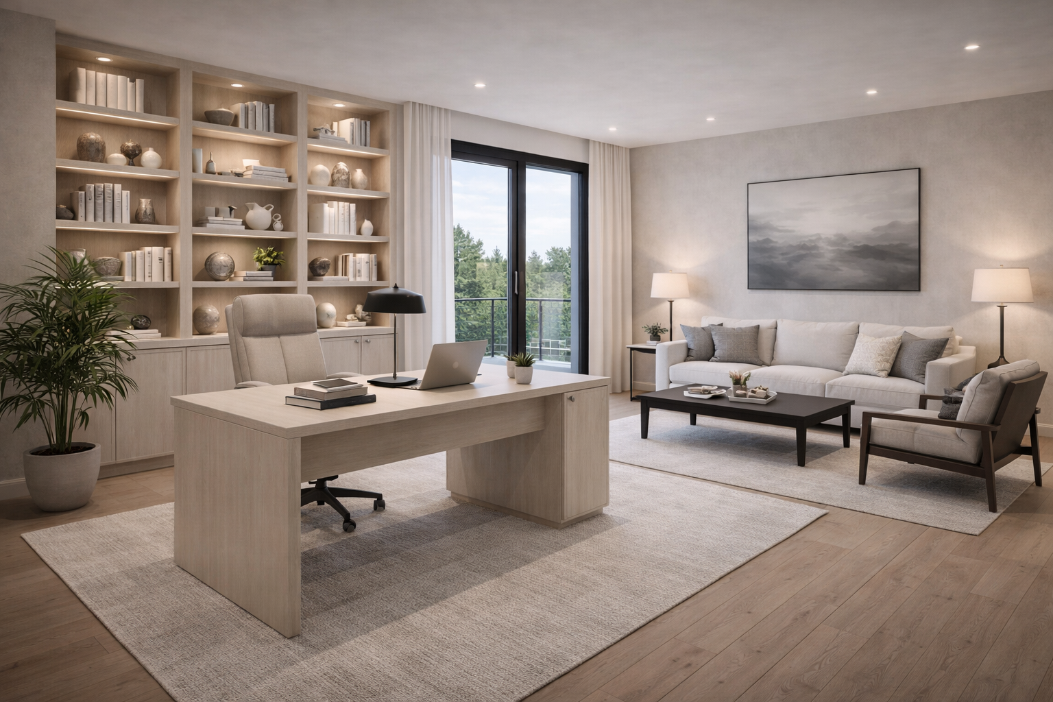 Arbeitsbereich und Wohnzone in hochwertiger Raumgestaltung
